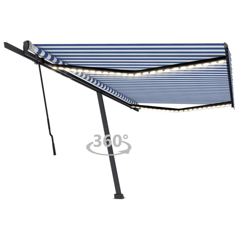 vidaXL Tenda da Sole Retrattile Manuale con LED 500x300cm Blu e Bianca vidaXL Tenda da Sole Retrattile Manuale con LED 500x300cm Blu e Bianca