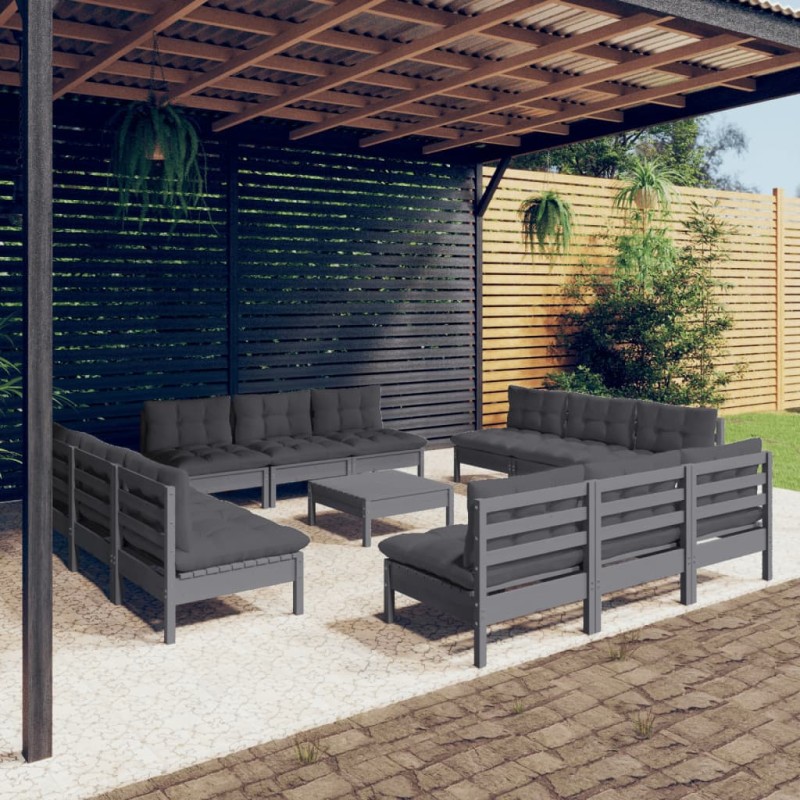 vidaXL Set Divani da Giardino 13 pz e Cuscini Antracite Legno di Pino