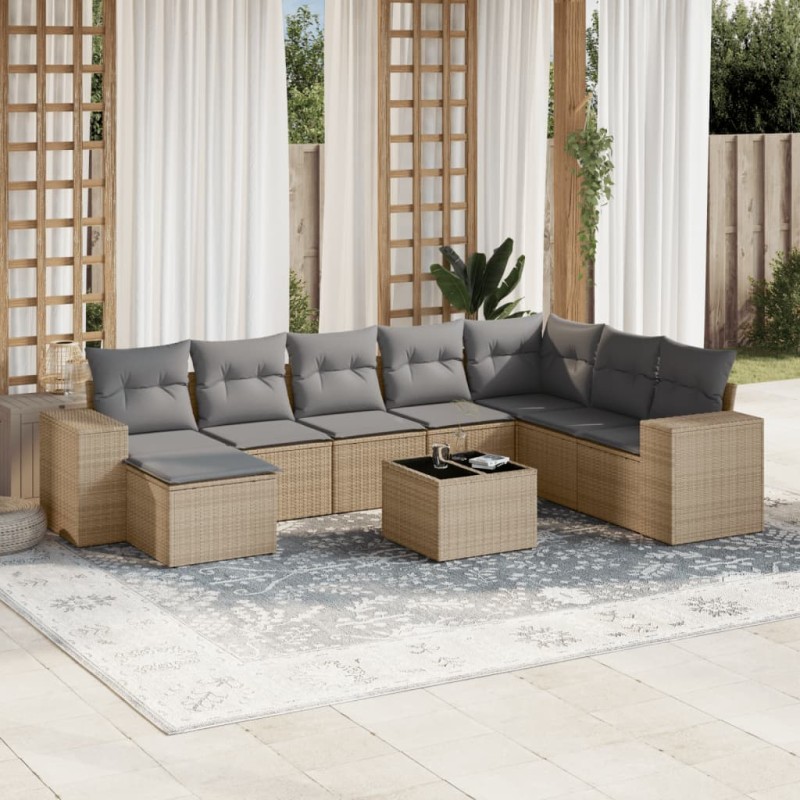 vidaXL Set Divano da Giardino 9 pz con Cuscini Beige in Polyrattan vidaXL Set Divano da Giardino 9 pz con Cuscini Beige in Polyrattan