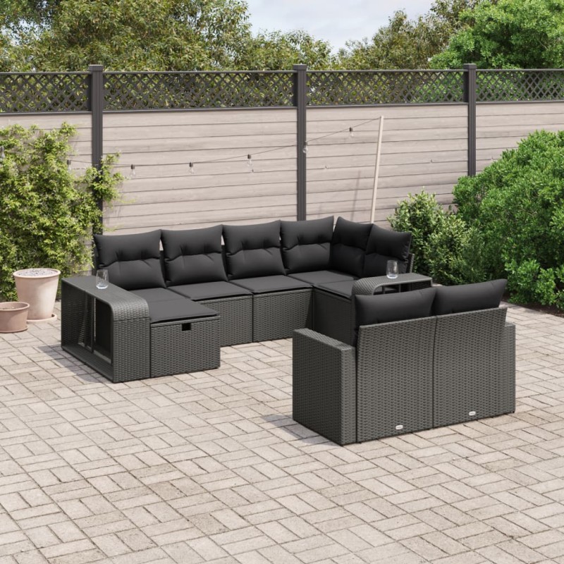 vidaXL Set Divani da Giardino 10pz con Cuscini in Polyrattan Nero vidaXL Set Divani da Giardino 10pz con Cuscini in Polyrattan Nero