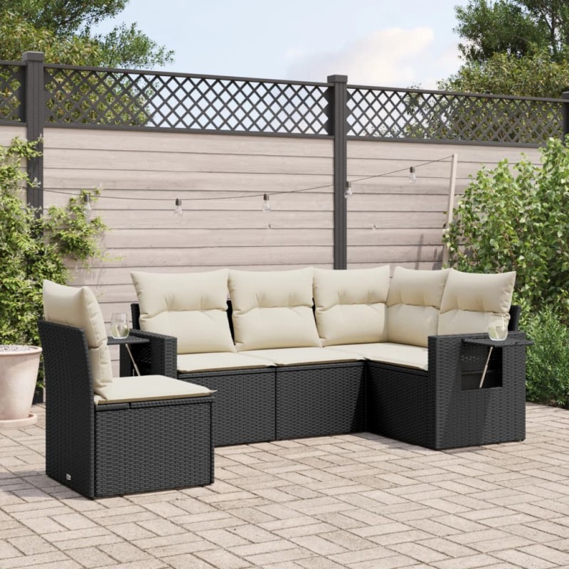 vidaXL Set Divani da Giardino 5 pz con Cuscini in Polyrattan Nero vidaXL Set Divani da Giardino 5 pz con Cuscini in Polyrattan Nero