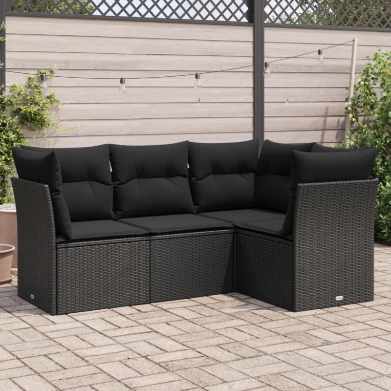 vidaXL Set Divani da Giardino 4 pz con Cuscini Nero in Polyrattan vidaXL Set Divani da Giardino 4 pz con Cuscini Nero in Polyrattan