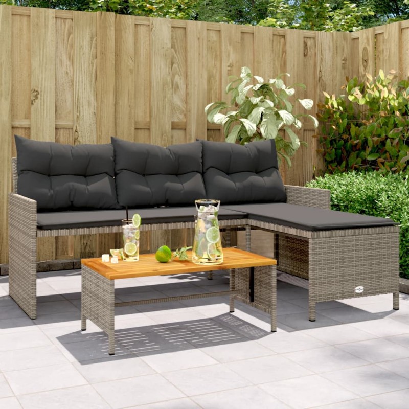 vidaXL Divano da Giardino con Tavolo e Cuscini a L Grigio Polyrattan vidaXL Divano da Giardino con Tavolo e Cuscini a L Grigio Polyrattan