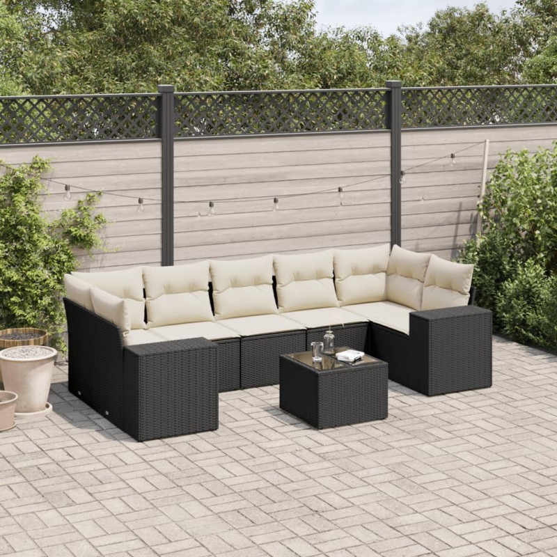 vidaXL Set Divani da Giardino con Cuscini 8 pz Nero in Polyrattan vidaXL Set Divani da Giardino con Cuscini 8 pz Nero in Polyrattan