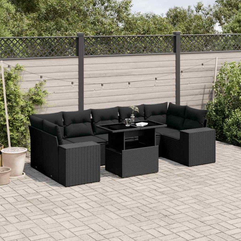 vidaXL Set Divani da Giardino con Cuscini 8 pz Nero in Polyrattan vidaXL Set Divani da Giardino con Cuscini 8 pz Nero in Polyrattan