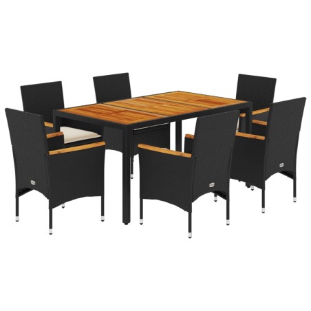 vidaXL Set Pranzo da Giardino 7 pz Nero con Cuscini Polyrattan Acacia