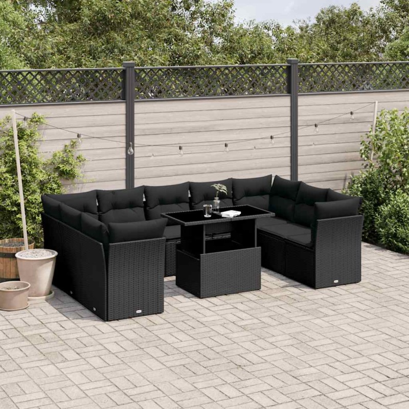 vidaXL Set Divani da Giardino 10pz con Cuscini in Polyrattan Nero vidaXL Set Divani da Giardino 10pz con Cuscini in Polyrattan Nero