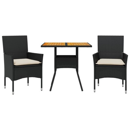 vidaXL Set Pranzo da Giardino 3 pz con Cuscini Nero Polyrattan Acacia