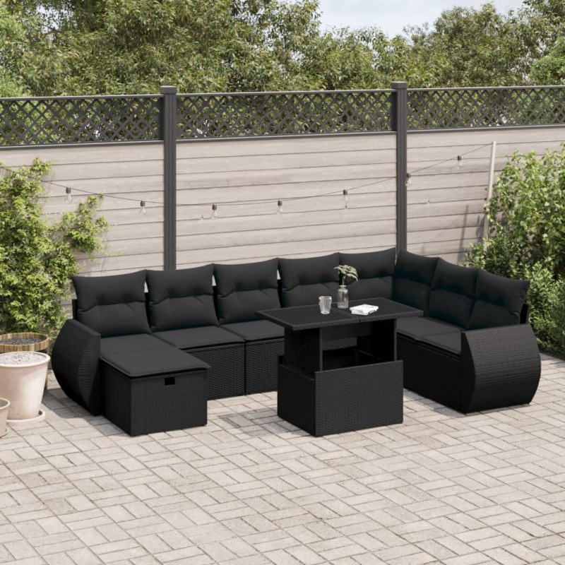 vidaXL Set Divani da Giardino 9 pz con Cuscini Nero in Polyrattan vidaXL Set Divani da Giardino 9 pz con Cuscini Nero in Polyrattan