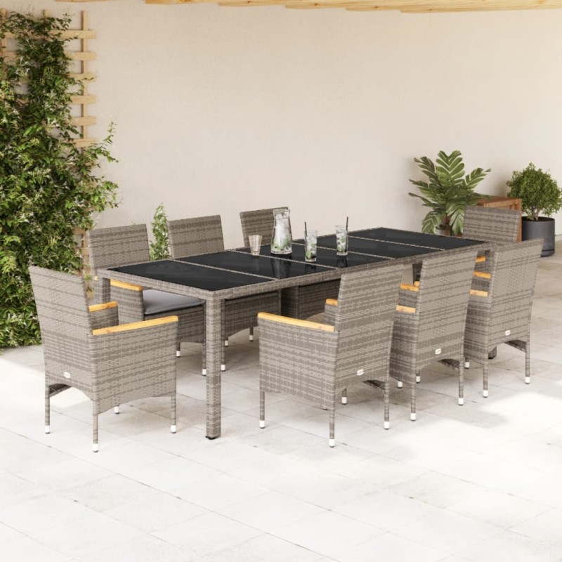 vidaXL Set da Pranzo da Giardino 9 pz con Cuscini Polyrattan e Vetro vidaXL Set da Pranzo da Giardino 9 pz con Cuscini Polyrattan e Vetro