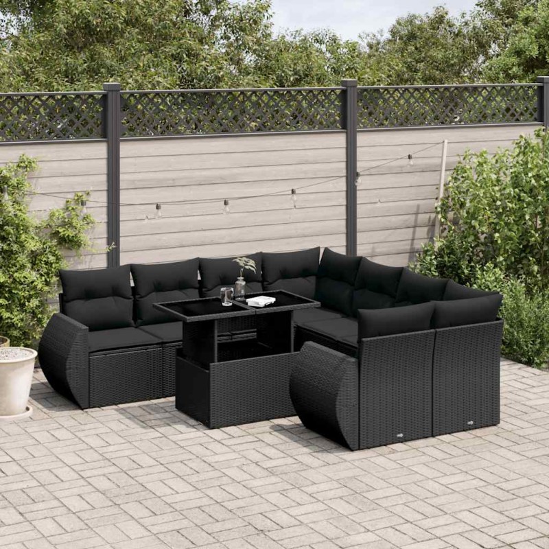 vidaXL Set Divani da Giardino 9 pz con Cuscini Nero in Polyrattan vidaXL Set Divani da Giardino 9 pz con Cuscini Nero in Polyrattan