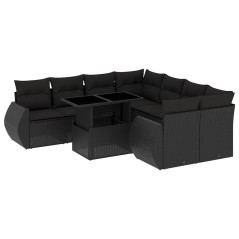 vidaXL Set Divani da Giardino 9 pz con Cuscini Nero in Polyrattan