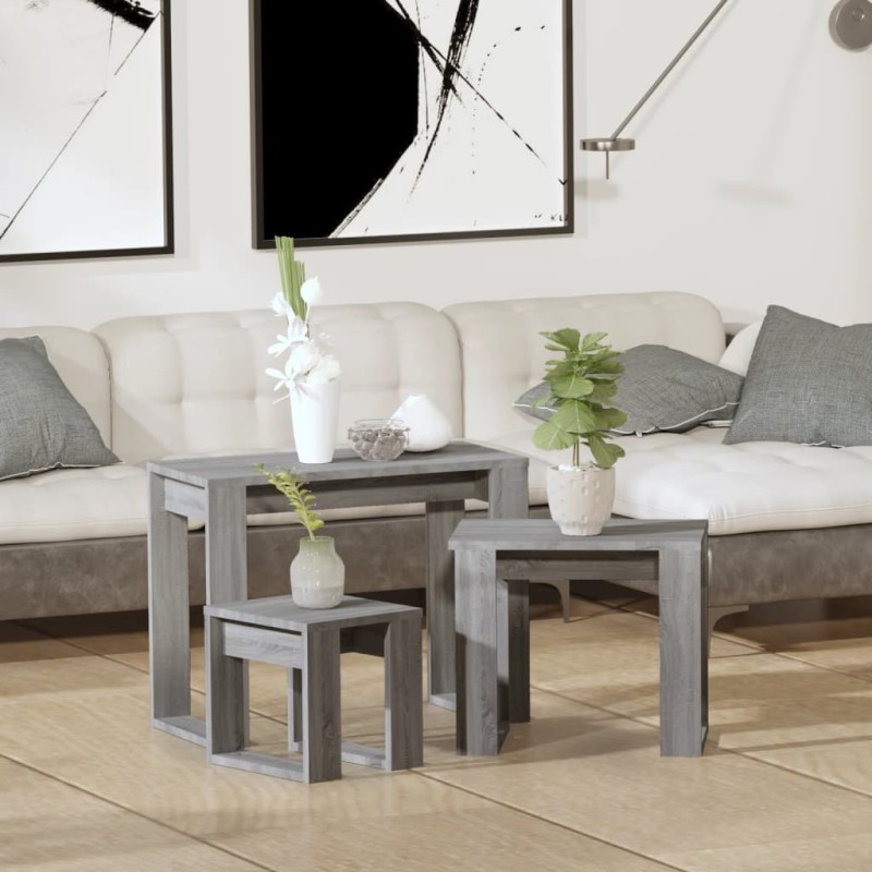 Tavolini Impilabili 3 pz Grigio Sonoma in Legno Multistrato Tavolini Impilabili 3 pz Grigio Sonoma in Legno Multistrato