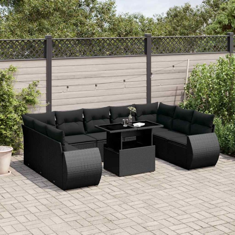 vidaXL Set Divani da Giardino 10pz con Cuscini in Polyrattan Nero vidaXL Set Divani da Giardino 10pz con Cuscini in Polyrattan Nero