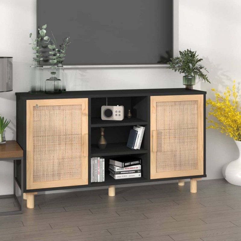 Credenza Nera 105x30x60cm Legno Massello Pino e Rattan Naturale Credenza Nera 105x30x60cm Legno Massello Pino e Rattan Naturale