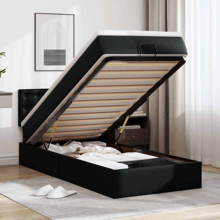 vidaXL Struttura Letto Pouf con Materasso Nero 90x200 cm Similpelle