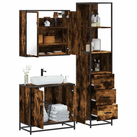 vidaXL Set Mobili da Bagno 3 pz Rovere Fumo in Legno Multistrato