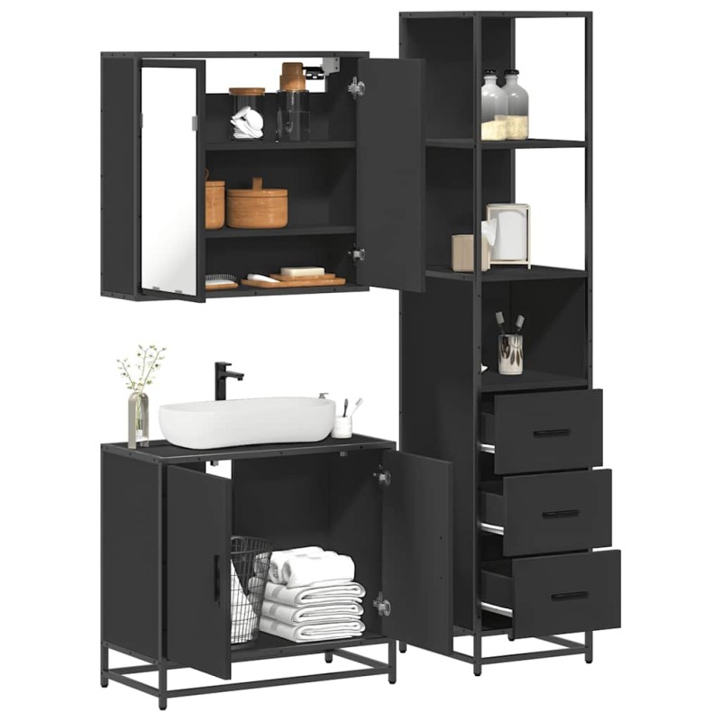 vidaXL Set Mobili da Bagno 3 pz Nero in Legno Multistrato vidaXL Set Mobili da Bagno 3 pz Nero in Legno Multistrato