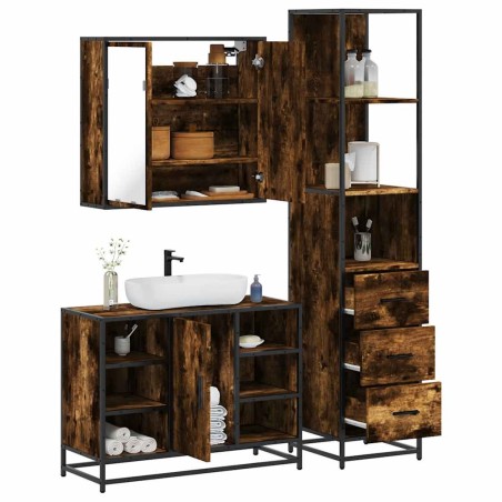 vidaXL Set Mobili da Bagno 3 pz Rovere Fumo in Legno Multistrato
