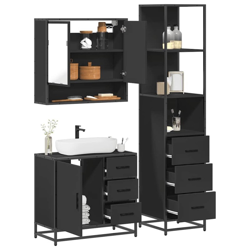 vidaXL Set Mobili da Bagno 3 pz Nero in Legno Multistrato vidaXL Set Mobili da Bagno 3 pz Nero in Legno Multistrato