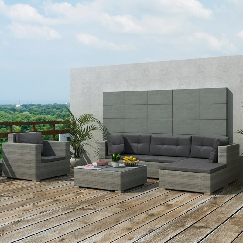 vidaXL Set Divani da Giardino 6 pz con Cuscini in Polyrattan Grigio vidaXL Set Divani da Giardino 6 pz con Cuscini in Polyrattan Grigio