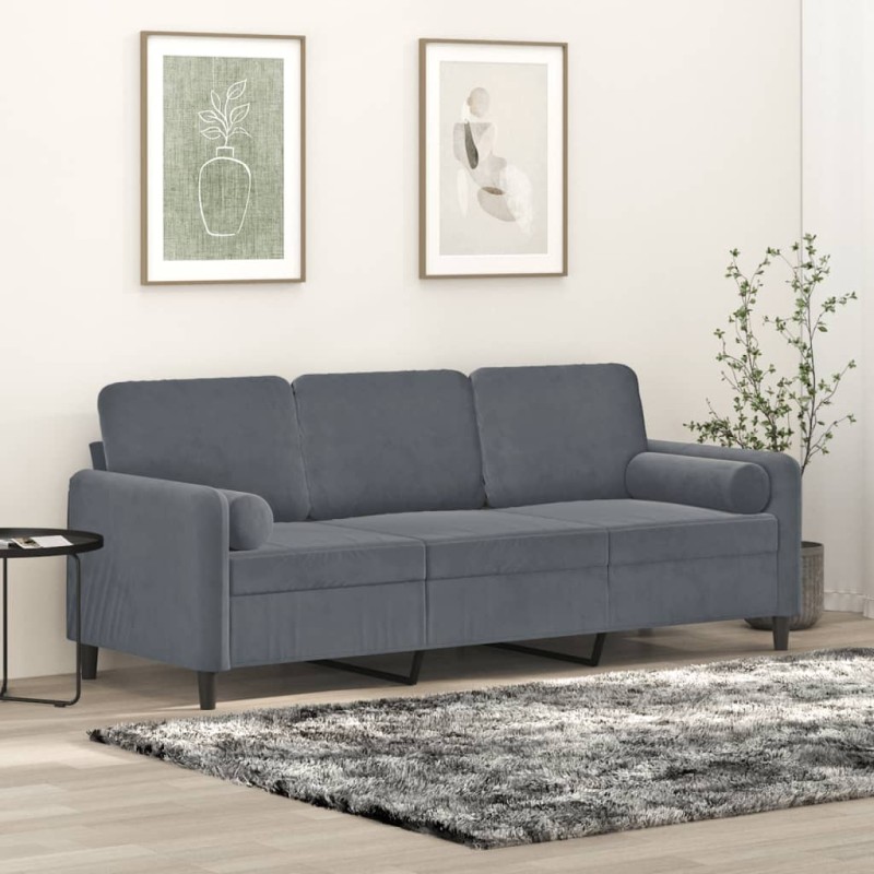 vidaXL Divano a 3 Posti con Cuscini Grigio Scuro 180 cm in Velluto vidaXL Divano a 3 Posti con Cuscini Grigio Scuro 180 cm in Velluto