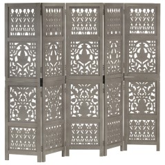 vidaXL Divisorio 5 Pannelli Intagliato Grigio 200x165cm Mango Massello
