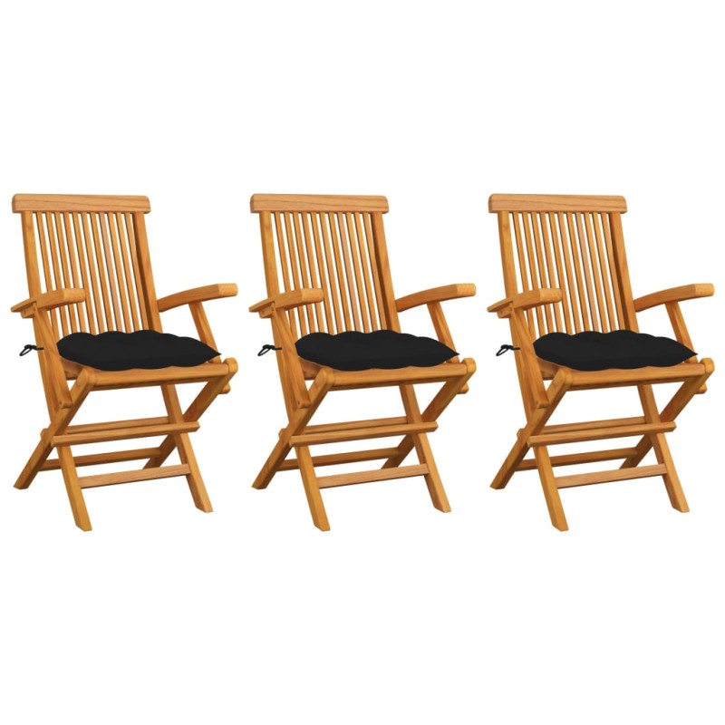 vidaXL Sedie da Giardino con Cuscini Neri 3 pz Legno Massello di Teak vidaXL Sedie da Giardino con Cuscini Neri 3 pz Legno Massello di Teak