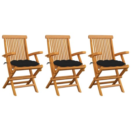 vidaXL Sedie da Giardino con Cuscini Neri 3 pz Legno Massello di Teak