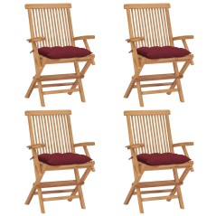 vidaXL Sedie Giardino con Cuscini Rosso Vino 4 pz Legno Massello Teak