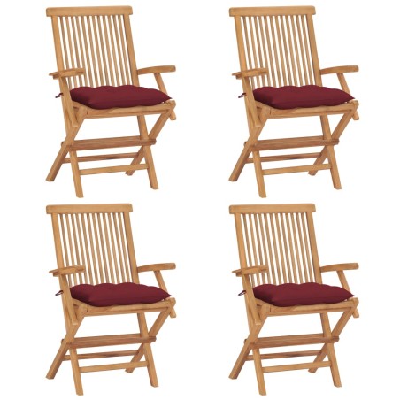 vidaXL Sedie Giardino con Cuscini Rosso Vino 4 pz Legno Massello Teak