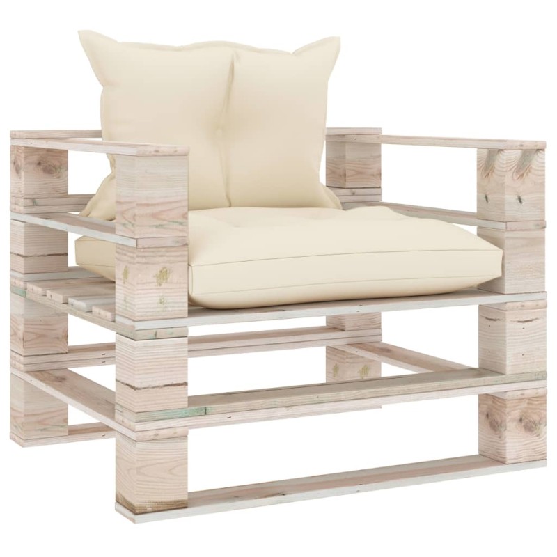 vidaXL Poltrona da Giardino Pallet con Cuscini Crema in Legno di Pino vidaXL Poltrona da Giardino Pallet con Cuscini Crema in Legno di Pino