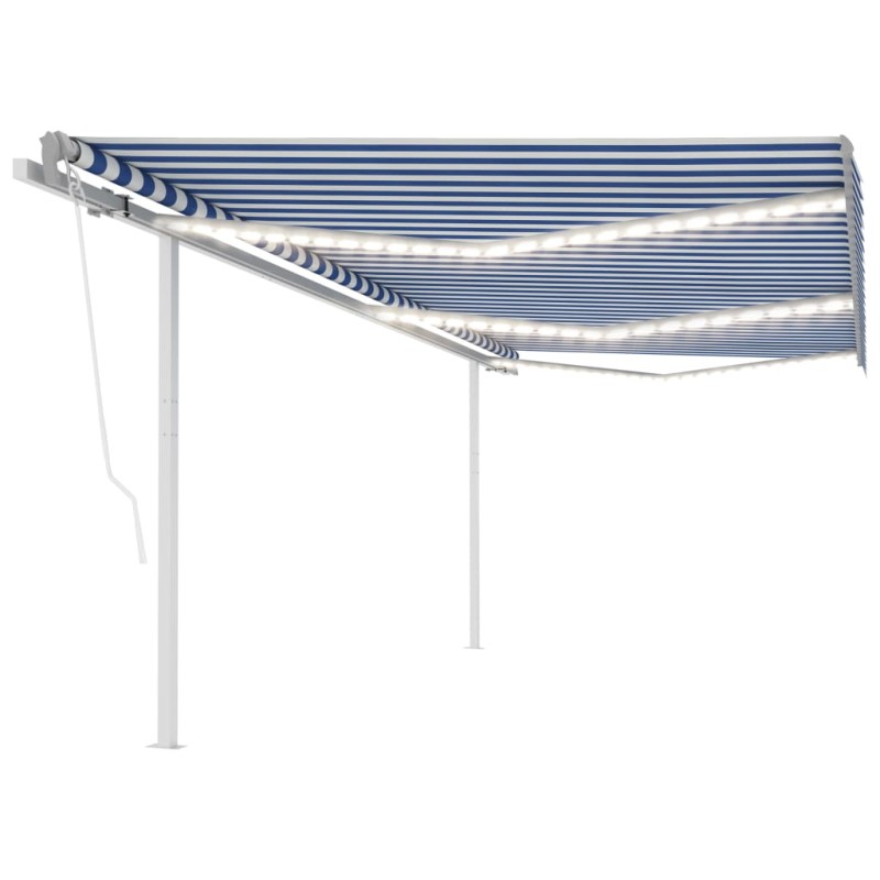 vidaXL Tenda da Sole Retrattile Manuale con LED 6x3 m Blu e Bianco vidaXL Tenda da Sole Retrattile Manuale con LED 6x3 m Blu e Bianco
