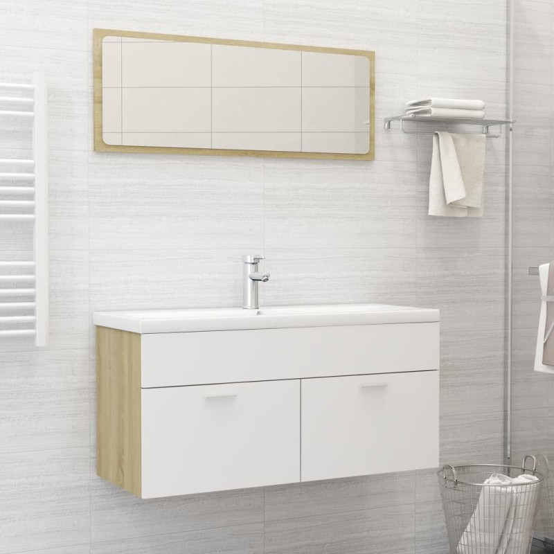 vidaXL Set Mobili da Bagno Bianco e Rovere Sonoma in Truciolato vidaXL Set Mobili da Bagno Bianco e Rovere Sonoma in Truciolato