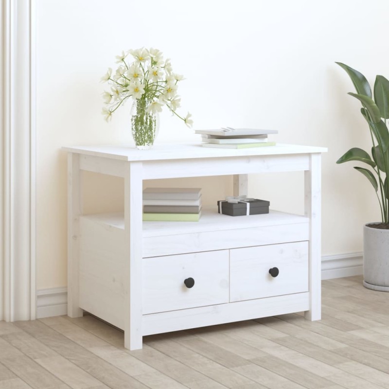 Tavolino da Salotto Bianco 71x49x55cm in Legno Massello di Pino Tavolino da Salotto Bianco 71x49x55cm in Legno Massello di Pino