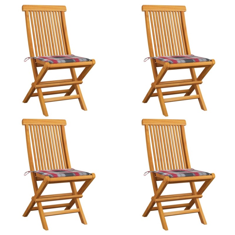 Sedie da Giardino Cuscini Rossi a Quadri 4 pz Massello di Teak Sedie da Giardino Cuscini Rossi a Quadri 4 pz Massello di Teak