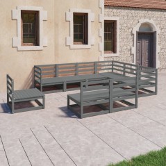 vidaXL Set Divani da Giardino 9 pz Grigi in Legno Massello di Pino