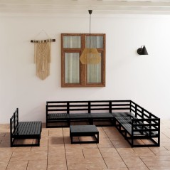 vidaXL Set Divani da Giardino 10 pz Nero in Legno Massello di Pino