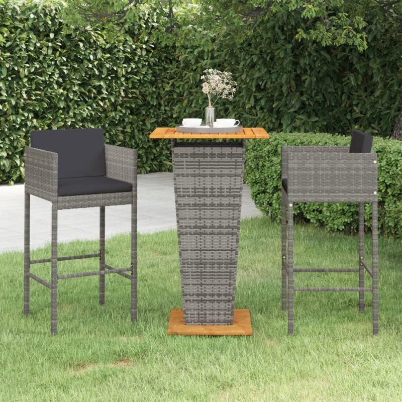 vidaXL Set Bar da Giardino 3 pz con Cuscini in Polyrattan Grigio vidaXL Set Bar da Giardino 3 pz con Cuscini in Polyrattan Grigio