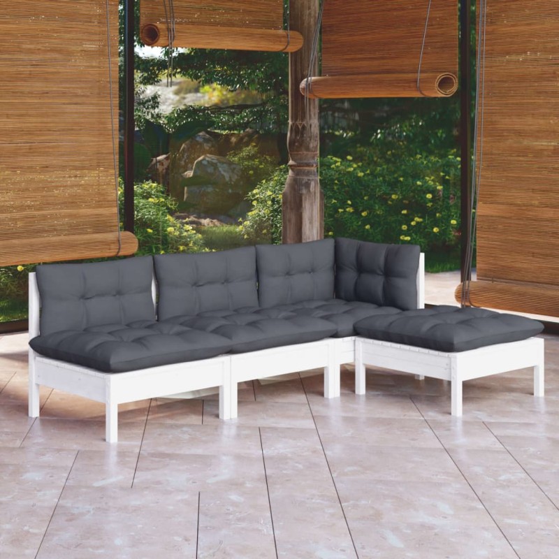 vidaXL Set Divani da Giardino 4 pz con Cuscini Bianchi Legno di Pino vidaXL Set Divani da Giardino 4 pz con Cuscini Bianchi Legno di Pino
