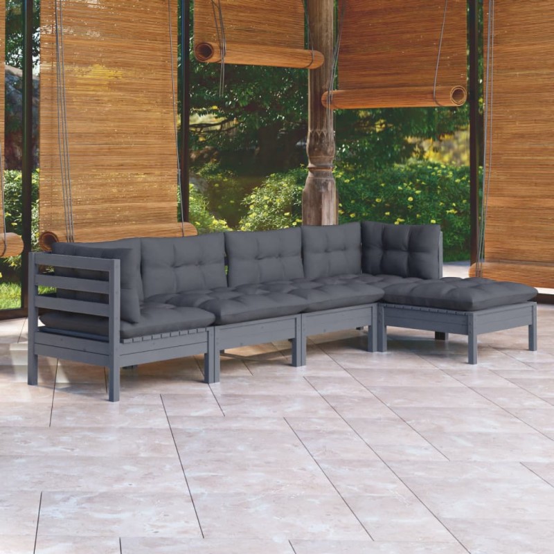 vidaXL Set Divani da Giardino 5 pz con Cuscini Grigi Massello di Pino vidaXL Set Divani da Giardino 5 pz con Cuscini Grigi Massello di Pino