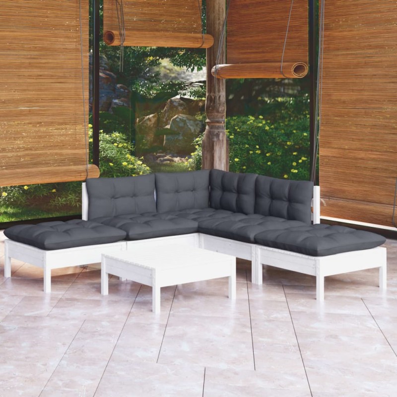 vidaXL Set Divani da Giardino 6 pz con Cuscini Bianchi Legno di Pino vidaXL Set Divani da Giardino 6 pz con Cuscini Bianchi Legno di Pino