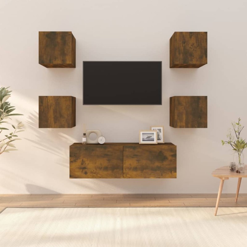 Set di Mobili TV a Parete Rovere Fumo in Legno Multistrato Set di Mobili TV a Parete Rovere Fumo in Legno Multistrato