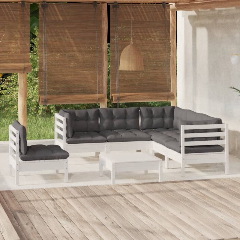vidaXL Set Divani da Giardino 6 pz con Cuscini Bianchi Legno di Pino vidaXL Set Divani da Giardino 6 pz con Cuscini Bianchi Legno di Pino