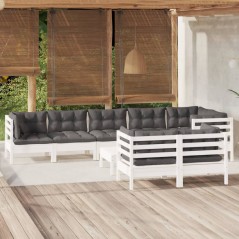 vidaXL Set Divani da Giardino 9 pz con Cuscini Bianchi Legno di Pino