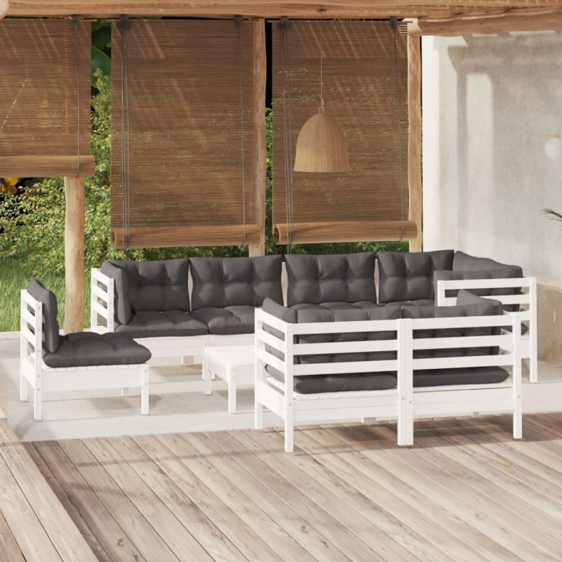 vidaXL Set Divani da Giardino 9 pz con Cuscini Bianchi Legno di Pino vidaXL Set Divani da Giardino 9 pz con Cuscini Bianchi Legno di Pino