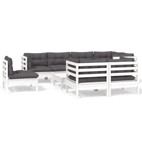 vidaXL Set Divani da Giardino 9 pz con Cuscini Bianchi Legno di Pino