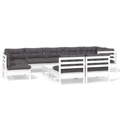 vidaXL Set Divani da Giardino 10 pz con Cuscini Bianchi Legno di Pino
