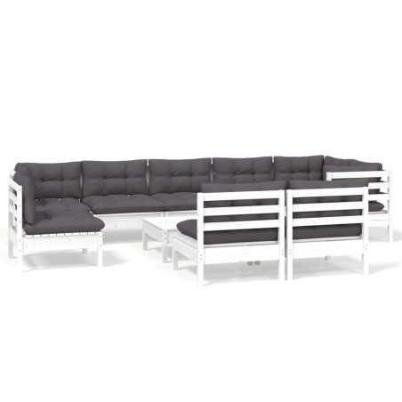vidaXL Set Divani da Giardino 10 pz con Cuscini Bianchi Legno di Pino