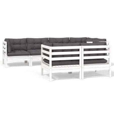vidaXL Set Divani da Giardino 7 pz con Cuscini Bianchi Legno di Pino